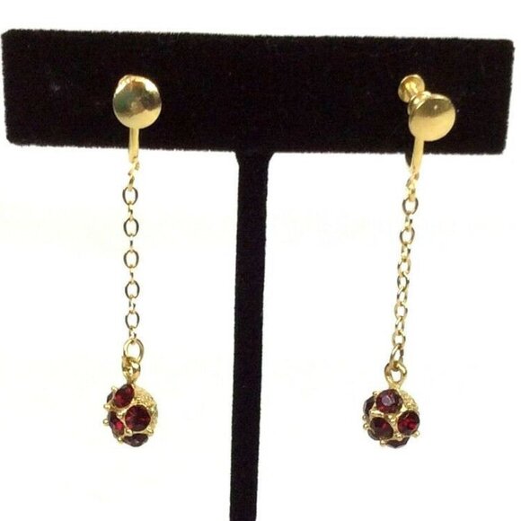 Vintage Gold Dangle Earrings With Red Faceted Stones & Screw Back Closure - Picture 1 of 6